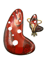 MATISSE 1950’s Vintage Red White Enamel Copper Earring & Brooch Parts Lot Of 2
