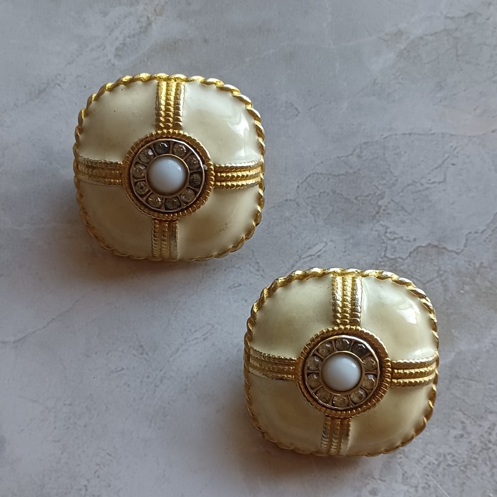Gerard Yosca Vintage 1980s Runway Big Ivory Enamel Rhinestone Goldtone Earrings