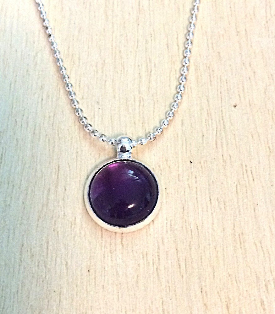 Vintage LBVYR Silver Tone Amethyst Cabochon Pendant Ball Chain Necklace Stamped