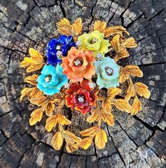 Vintage Italy 18K Gold Colorful Flower & Diamond Brooch KG Old Italian Jewelry
