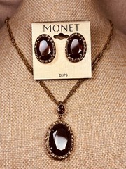Monet Gold Tone Brown & Rhinestone Pendant Necklace & Clip Earrings NWT