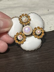 Vintage Milk Glass Opaline Cabs Topaz Large Silver Tone Brooch Pin