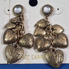 Vintage Fashion Earrings Gold-Tone Rhinestone Dangle Etched Hearts Romantic NOS