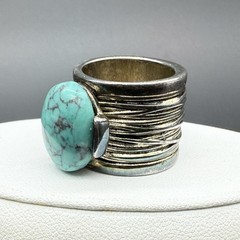 Vtg Silver Tone Faux Turquoise Wide Cigar Band Statement Cocktail Ring Size 5.5