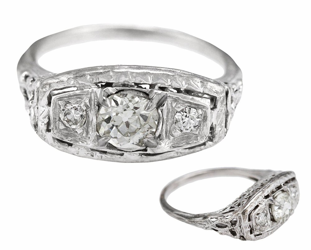 Ladies Antique Art Deco 14K White Gold 0.60ctw Old Mine Diamond Filigree Ring