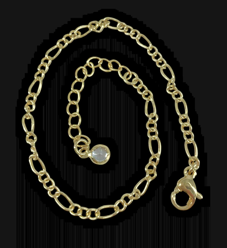 VTG Yellow Gold Plated 2mm Figaro Bracelet/Anklet Crystel charm