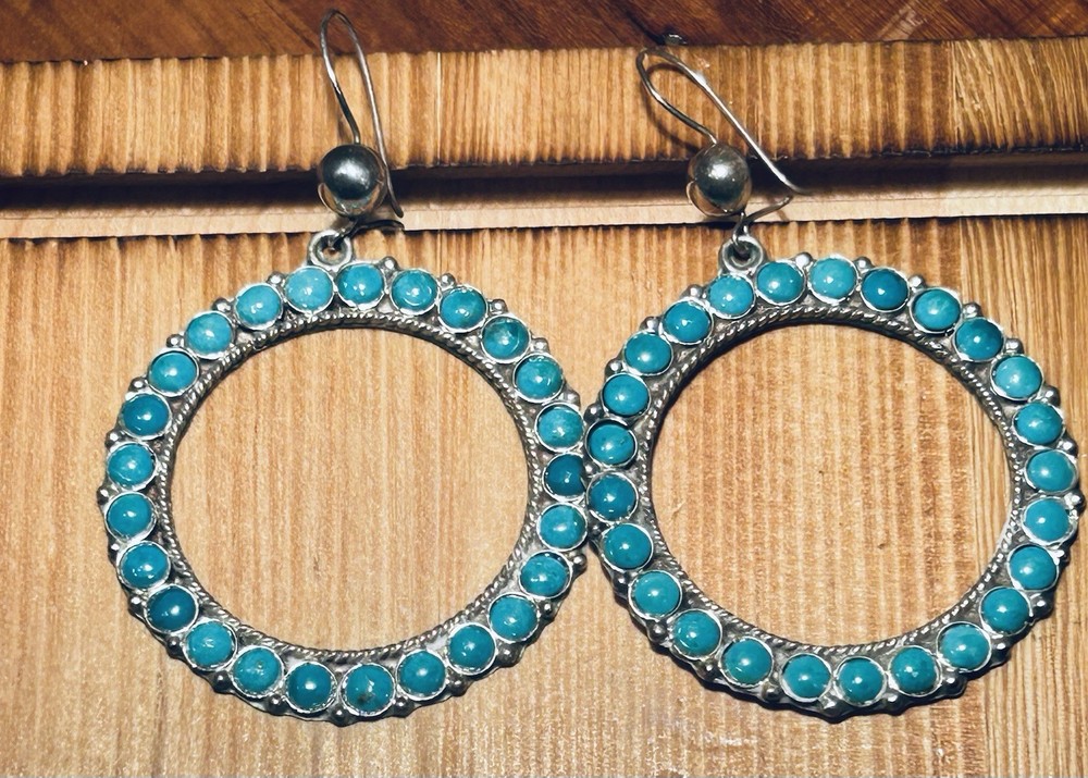 Vintage Marked Mexico Sterling Hoop Dangle Earrings Studded With Turquoise 8.8 G