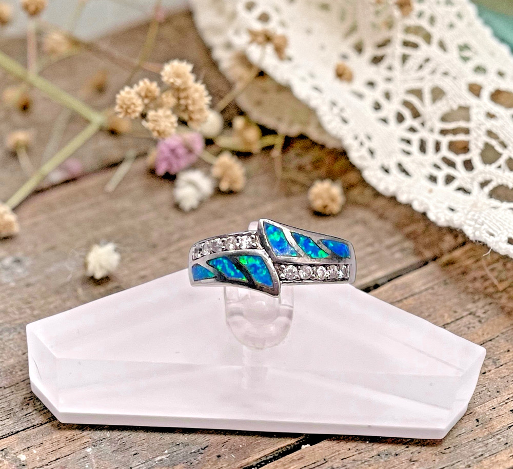 Vintage Blue Fire Opal with CZ Accents 925 Sterling Band Ring, size 8.25
