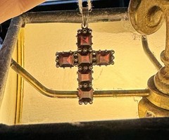 Vintage German 935 Silver Bohemian Garnet Cross Pendant Art Deco w/ Marcasite ￼