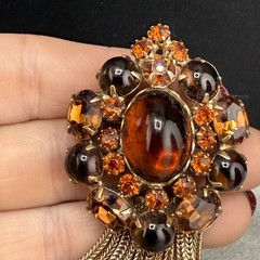 Vintage Weiss Brooch Clip On Earrings Set Tassel Rhinestones Gold Tone Brown