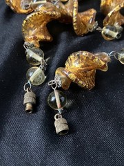 Vintage Art Glass Beaded Necklace Twist Gold Foil Station Chain 28″ READ