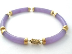 14K Yellow Gold Lavender Jade Panel Bracelet Purple Gemstone 7″ Long Vintage
