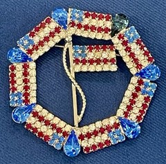 Vtg Dominique Red White (Clear) Blue Rhinestone Patriotic USA Flag Large Brooch