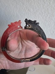 Chinese Carnelian Onyx And Sterling Dragon Bangle Bracelet (A2611)