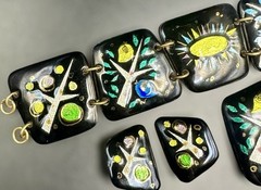 1950s/60s Enamel on Copper 3 Piece Studio Jewelry Set MCM Birds Trees Sunburst