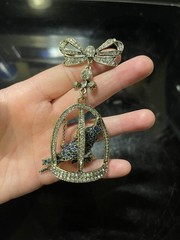 Hand Crafted Bird In Cage With Bow Rhinestones Brooch