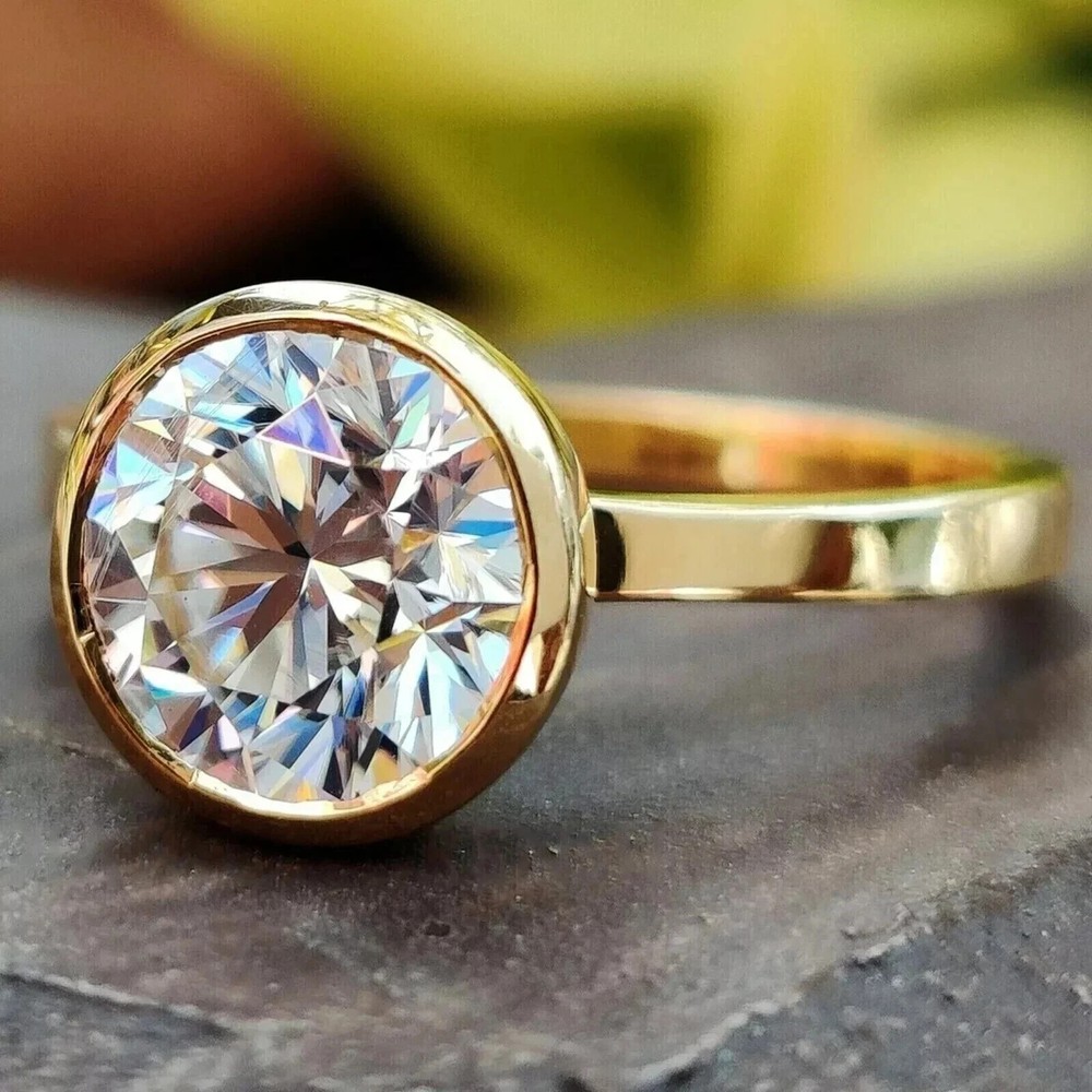 2 Ct Round Lab Grown Diamond Bezel Solitaire Engagement Ring 14k Yellow Gold Fn