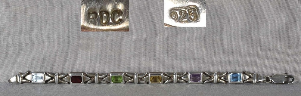Vintage sterling silver BRACELET 6 different semiprecious stones marked RDC