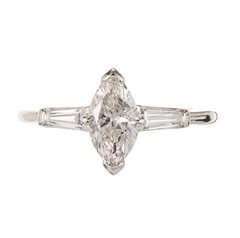 Vintage .69ct Faint Brown Marquise Diamond 14k Gold 2 Tapered Baguette Ring