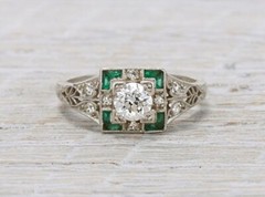 Art Deco Round Cut Lab Craeted Diamond & Emerald 925 Silver Engagement Gift Ring