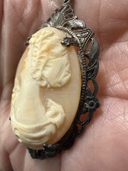 Vintage Victorian Revival Sterling Silver Carved Shell Cameo Pendant Necklace