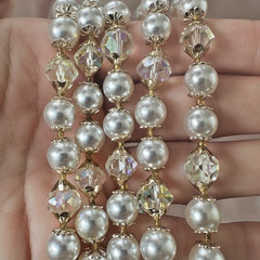 Vintage 56″ Long Faux Pearl AB Crystal Rope Necklace Gold Tone Aurora Borealis