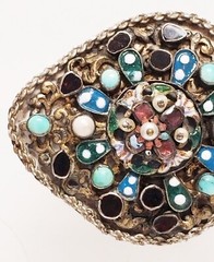 Antique 1890’s Austro Hungarian Almandine Garnet, Enamel, Turquoise Pearl Brooch