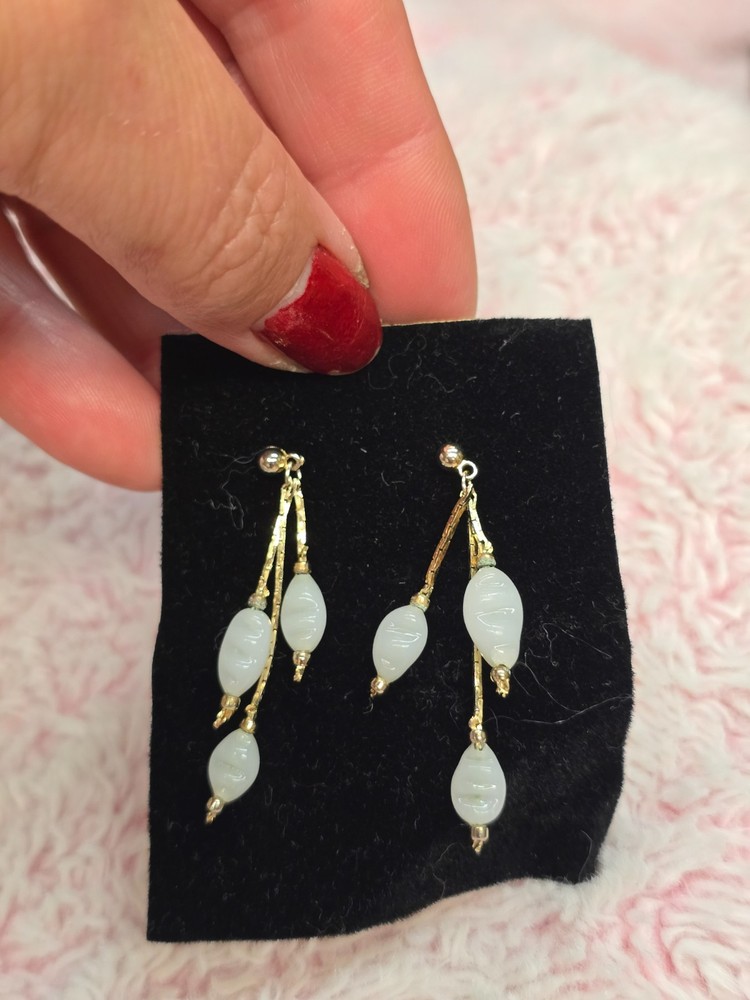 Gold and carved white jade Lilly of the valley vintage earrings