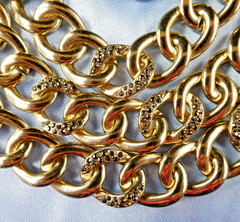 Pretty Triple Chain Link Bib Necklace Gold Tone w/ Tiny Marcasites