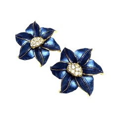 Vintage Blue Gold Flower Clip-On Earrings Rhinestone Center Statement Jewelry