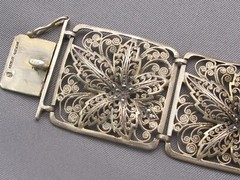 Vintage STERLING GERMANY Wide FILIGREE LINK BRACELET w/ MARCASITES-7 7/8 Inch