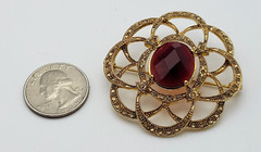 Vintage Monet Flower Brooch Gold Tone Clear And Red Rhinestone 45 mm Signed