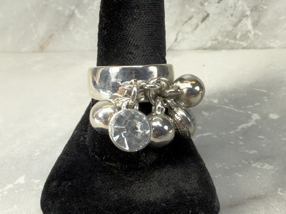 Vintage Silver Tone Dangle Rhinestone Silver Ball Ring Size 8.5