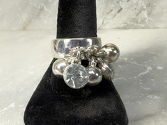 Vintage Silver Tone Dangle Rhinestone Silver Ball Ring Size 8.5