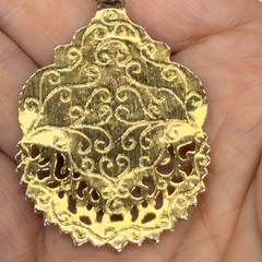 Vintage 1928 Necklace Gold Tone Filigree Pendant Purple Acrylic Center 28″