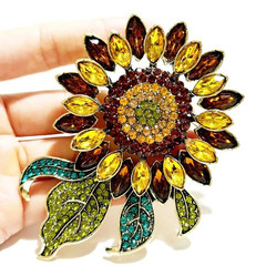 Gold Tone Vintage Brown Rhinestones Crystal Sunflower Flower Woman’ Brooch Pin