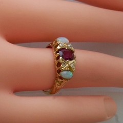 Vintage 18K Solid Gold Opal Diamond Ruby Ring, Made in England 1930, GIA Cert.