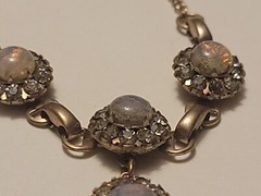 Vintage Faux Fire Opal Cabochon Clear Rhinestone Necklace Drop Pendant 15.5″