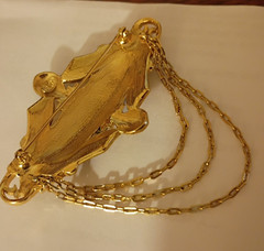 Rare Trifari Large Bar Pin Brooch Victorian Style Goth Black Enamel Gold chains