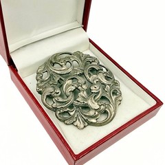 Antique Victorian Revival Pot Metal Acanthus Scrolls Repousse Brooch