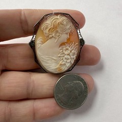 Antique Sterling Silver Carved Shell Victorian Lady Portrait Cameo Brooch Pin