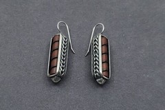 Vintage BEN-AMUN Modernist Silver Bar Dark Red Stripe Dangle Pierced Earrings