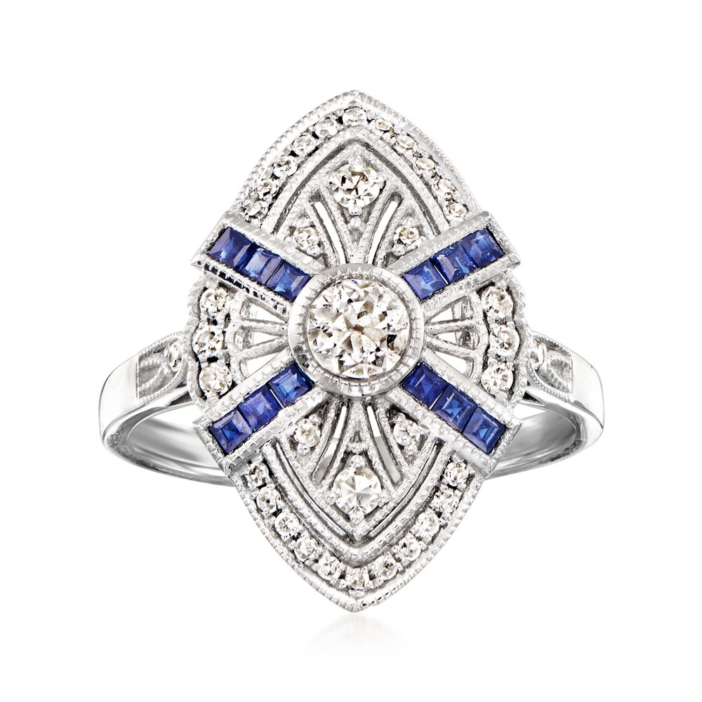 Vint Diamond & Sapphire Navette Rng in Platinum Size 6.25