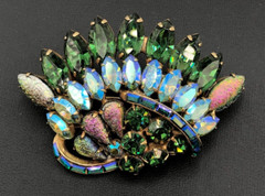 Gorgeous HOLLYCRAFT Peacock Blue AB, Green Rhinestone Iridescent Cab Brooch