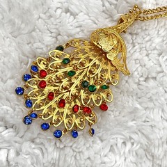 Vintage Peacock Necklace Filigree Pendant Brooch Combo Gold Tone 24″