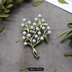 Pearls Brooch Stick Pin Flower Green Leaf Women Jewelry Gift New Vintage Style
