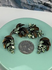 Vtg Austria Brooch Earrings Green Crystals Rhinestones Copper leaves