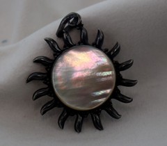 Real Mother Of Pearl White/Colorless Gem Sun Vintage 925 Silver 2.5 Inch Pendant
