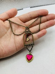 Vintage Boho Quirky Love Bird Dove Pink Photo Heart Locket Statement Necklace