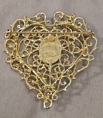 Vintage Faux Pearl Bead, Silvertone & Goldtone Latticework Heart Brooch Pin